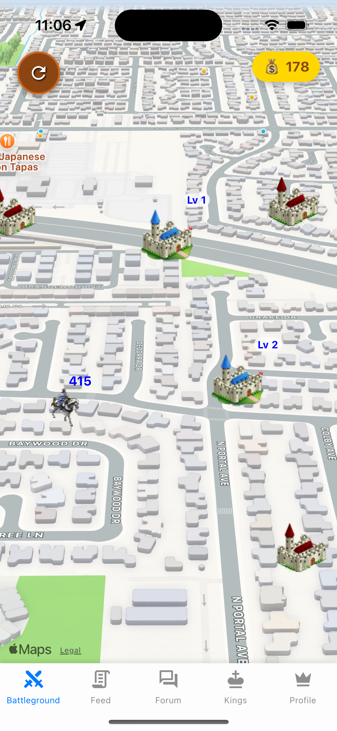Castle Attack game map with castles and a knight around the player's neighborhood